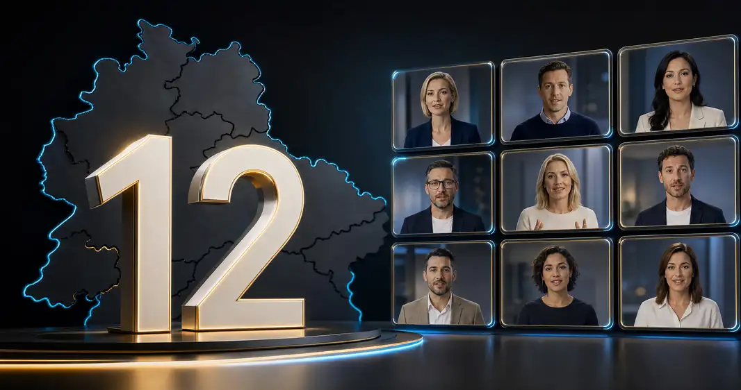 Goldene Zahl 12 vor einer Landkarte, daneben ein Raster aus KI-Avatar-Porträts