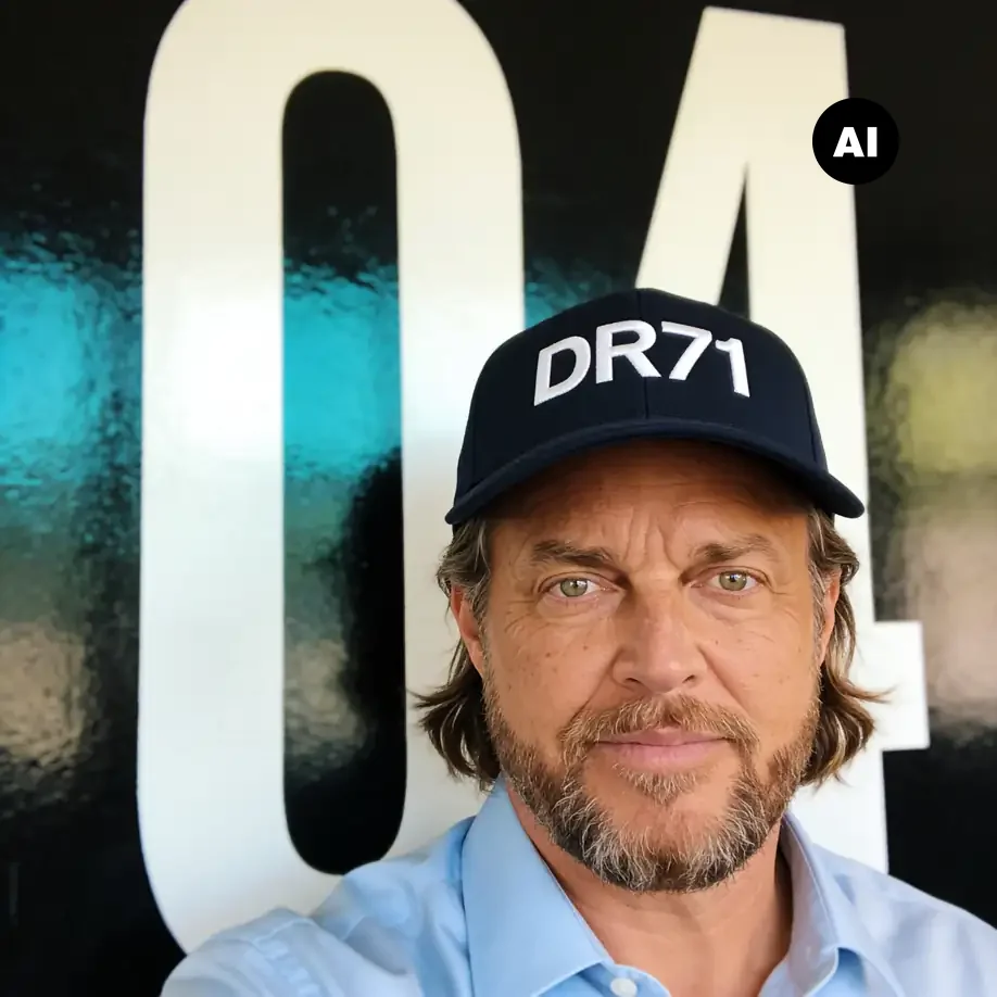 Porträt mit dunkelblauer DR71-Cap und hellblauem Hemd vor einer schwarzen Wand mit der Ziffer 04