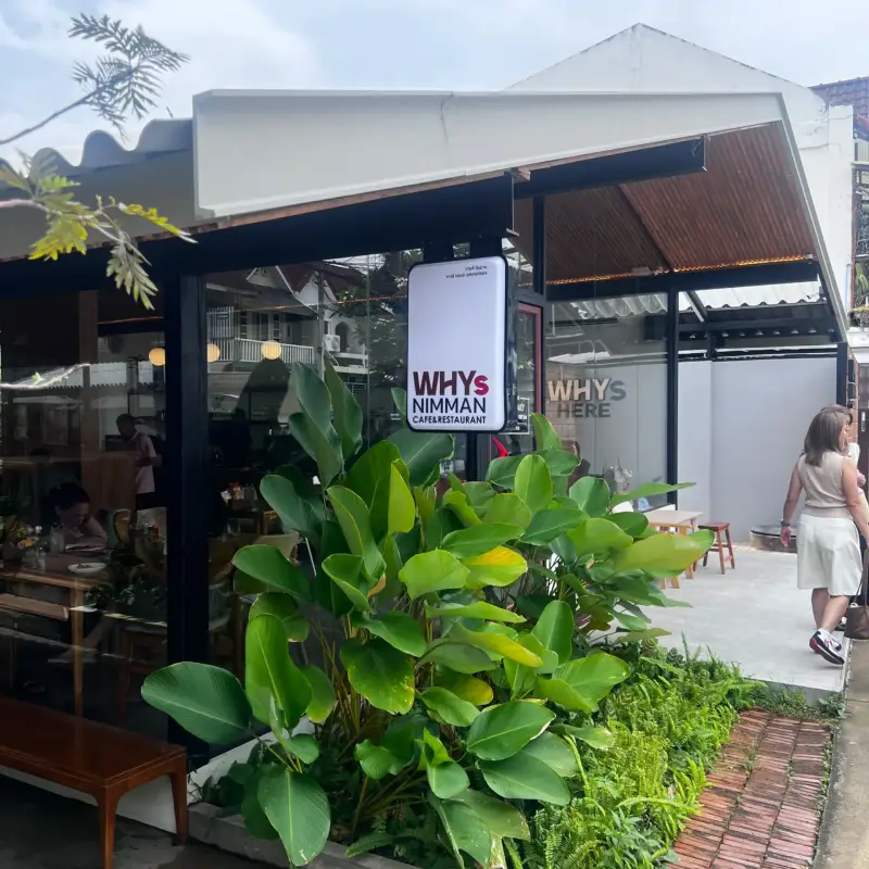 ป้าย WHY’S Nimman บนผนังกระจกด้านหลังใบไม้สีเขียวขนาดใหญ่
