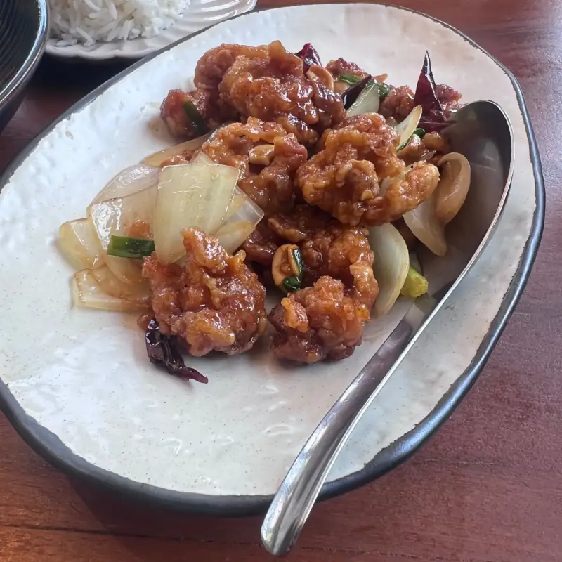 Fried pieces with sauce and onions on an oval platter