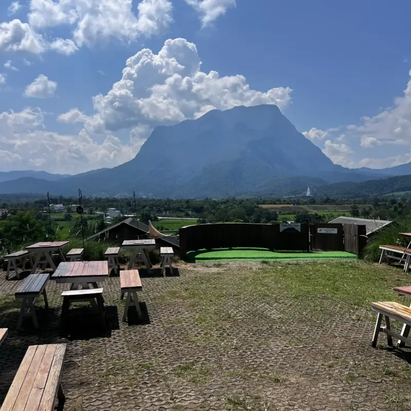Picnic tables with an open view of a striking mountain