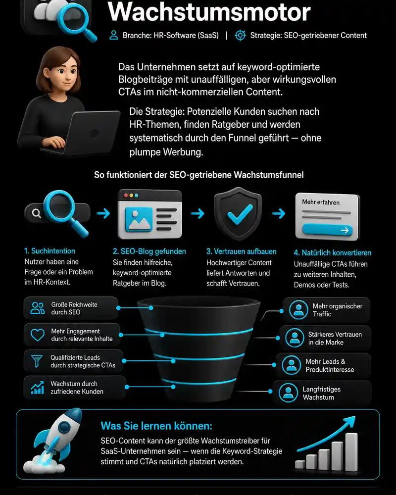 Personio SEO-Blog als Wachstumsmotor — B2B Content Marketing Beispiel mit keyword-getriebenem 4-Phasen-Funnel für SaaS-Unternehmen (KI-Visualisierung)