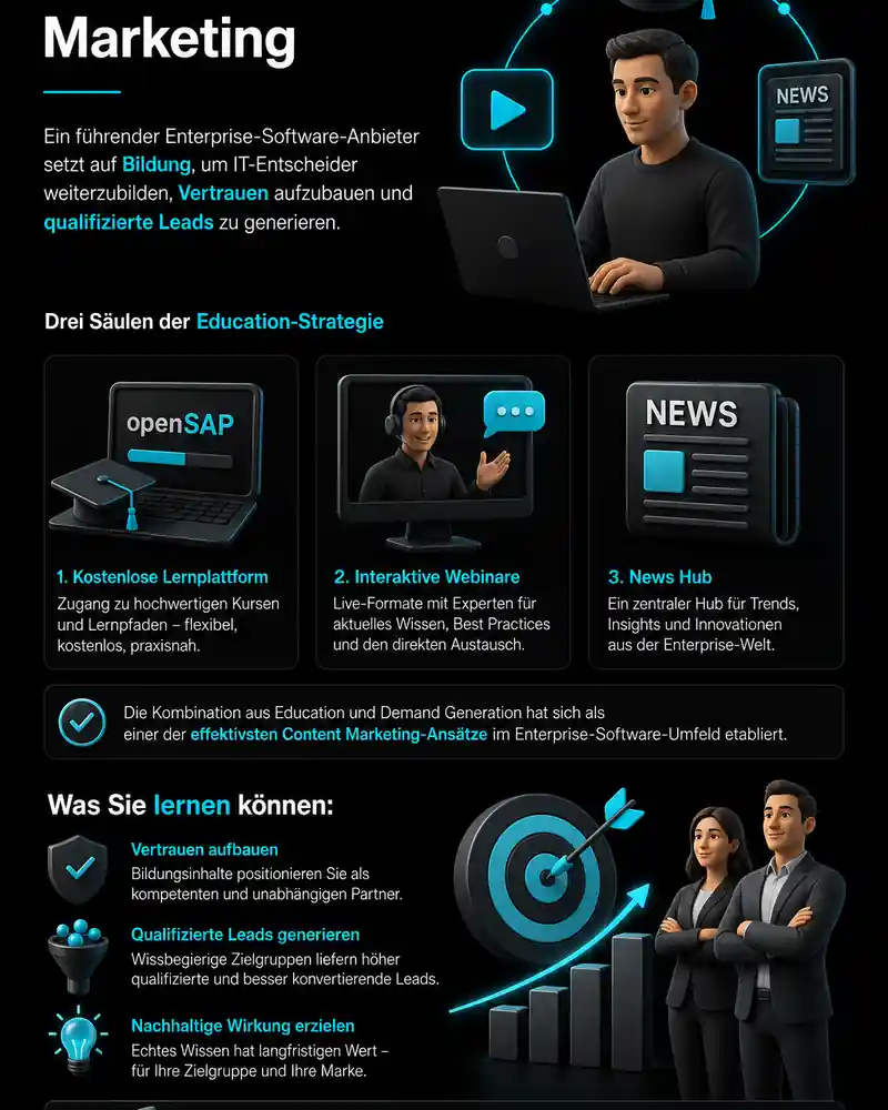 SAP openSAP Lernplattform als Education-based Marketing — B2B Content Marketing Beispiel zur qualifizierten Lead-Generierung über Bildungsinhalte (KI-Visualisierung)