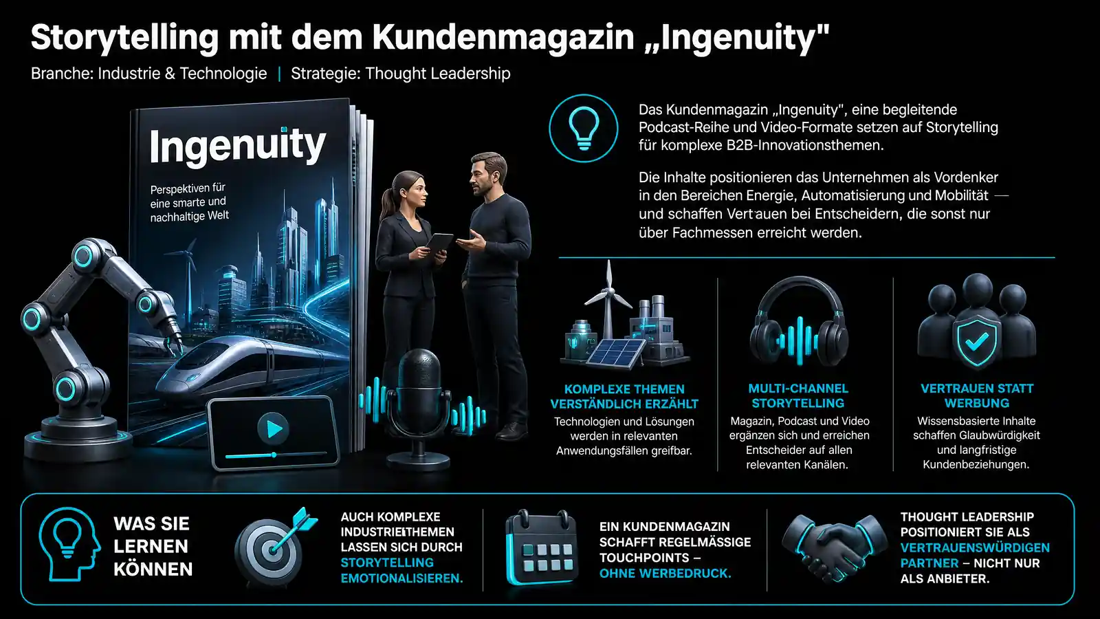 Siemens Ingenuity Kundenmagazin — Infografik zum B2B Content Marketing Beispiel mit Storytelling-Strategie für komplexe Industriethemen (KI-Visualisierung)