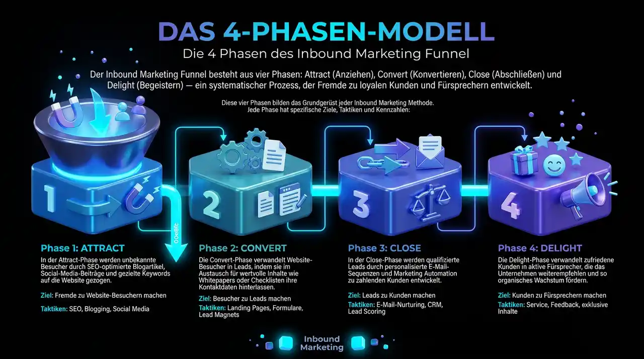 Inbound Marketing Funnel: Die 4 Phasen Attract, Convert, Close, Delight im Ueberblick