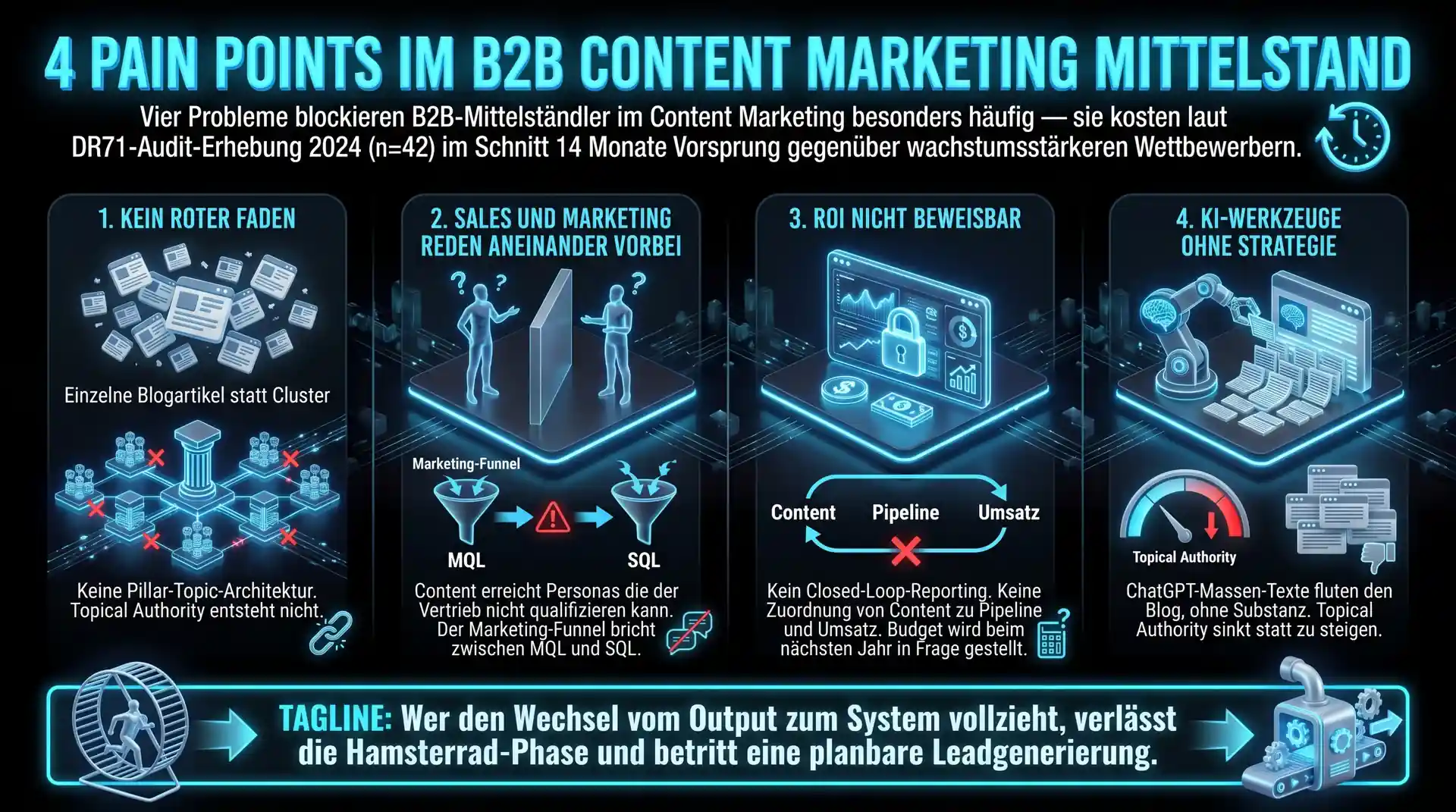 4 Pain Points im B2B Content Marketing Mittelstand &mdash; DR71-Audit-Erhebung 2024 (n=42, 14 Monate Vorsprungs-Defizit gegenüber wachstumsstärkeren Wettbewerbern)