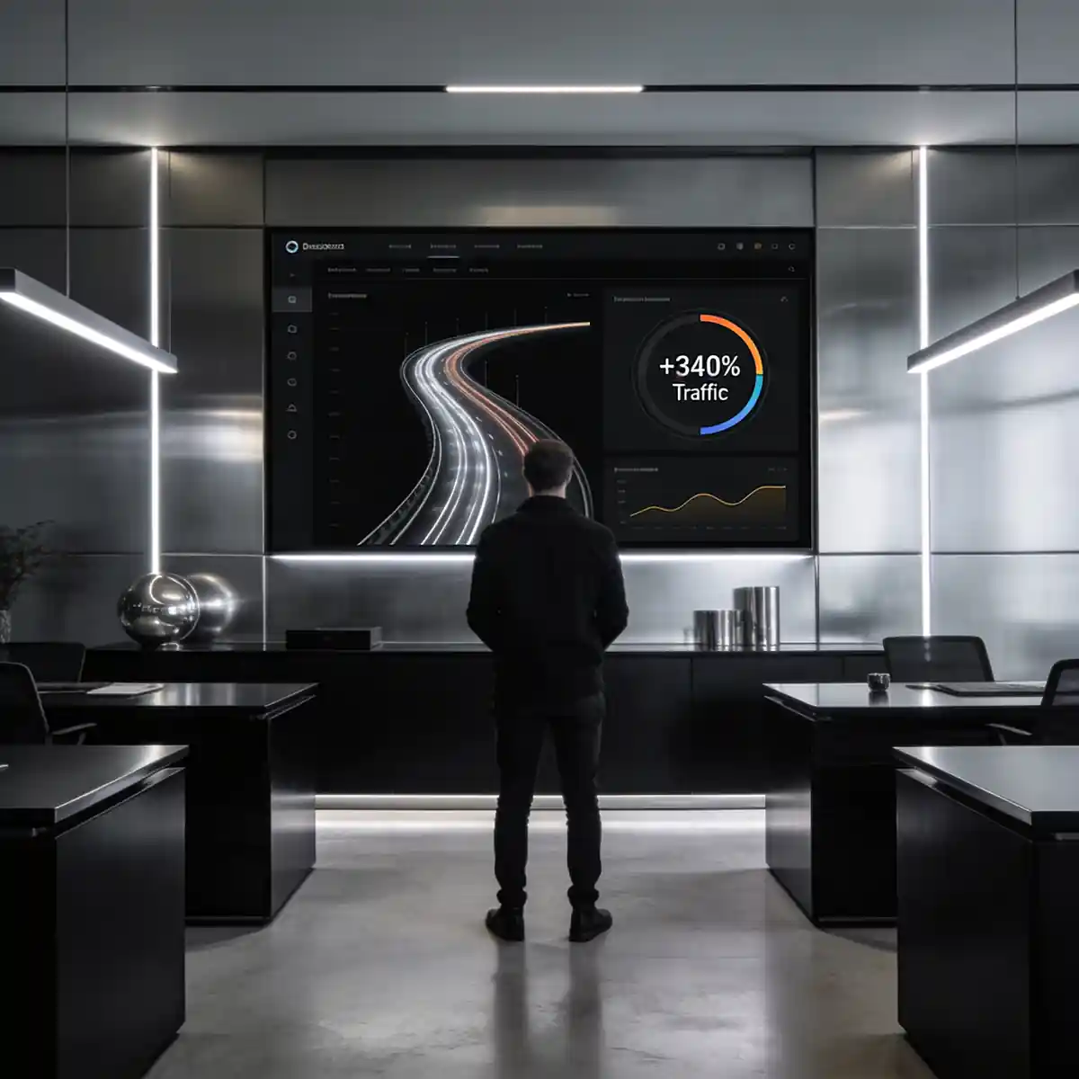 DESIGNROAD71 B2B Content Marketing Strategie Praxisbeispiel: Maschinenbauer-Geschaeftsfuehrer vor Traffic-Dashboard mit +340 Prozent organischem Wachstum (KI-Visualisierung)