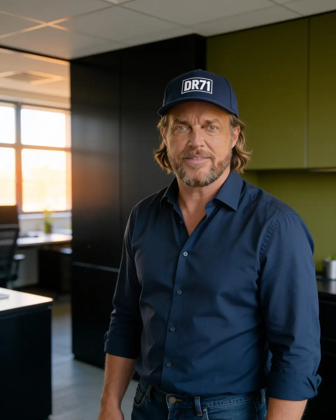 Mark Grandler, der KI-generierte Avatar von DESIGNROAD71, im Büro mit DR71-Cap und dunkelblauem Hemd